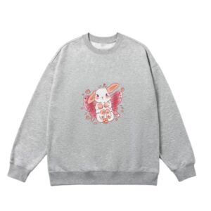 Retro-Cute Pink Rabbit Print Sweatshirt — Grey