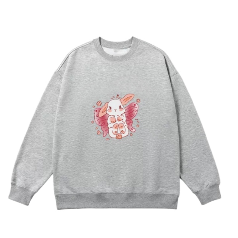 Retro-Cute Pink Rabbit Print Sweatshirt — Grey
