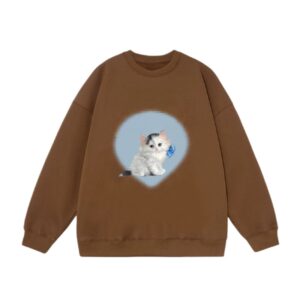 Heart-Patterned Cat Crewneck Sweatshirt — Light Brown