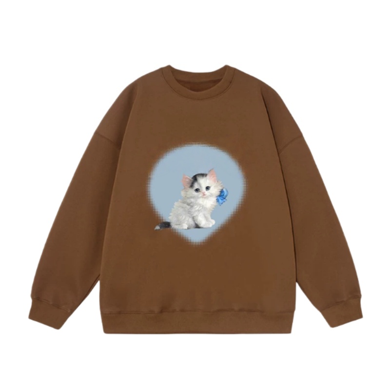 Heart-Patterned Cat Crewneck Sweatshirt — Light Brown